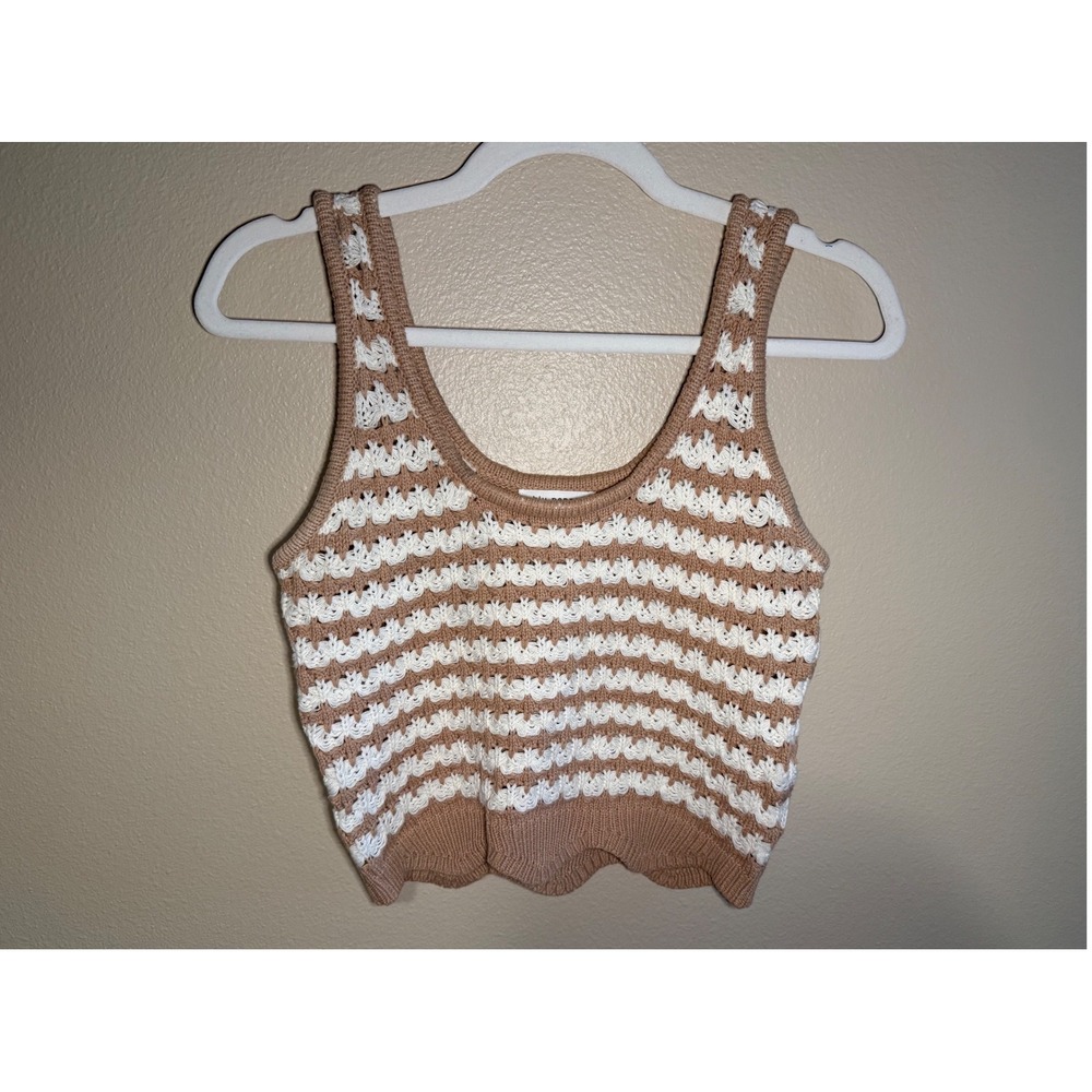 Blu Pepper Tan White Striped Knit Crop Tank Top Scalloped Hem Medium